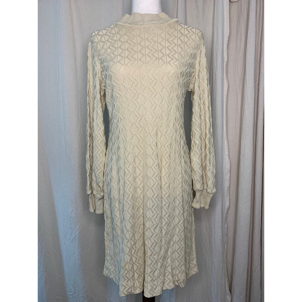 1970s Cream Beige Eyelet Lace Textured Disco GoGo Mock Neck Sweater Dress L